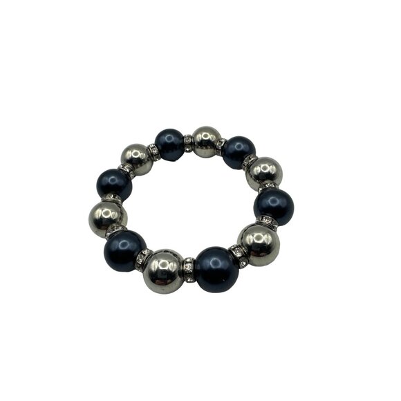 Silver and Blue Beaded Stretch Bracelet with Rhinestone Rondelle Spacers - Picture 4 of 5